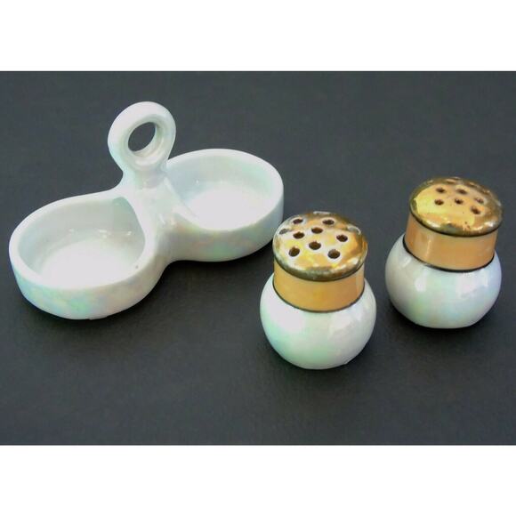 TT Salt & Pepper Shaker Caddy Set Iridescent White Porcelain Gold Top Japan Vtg - Picture 5 of 5